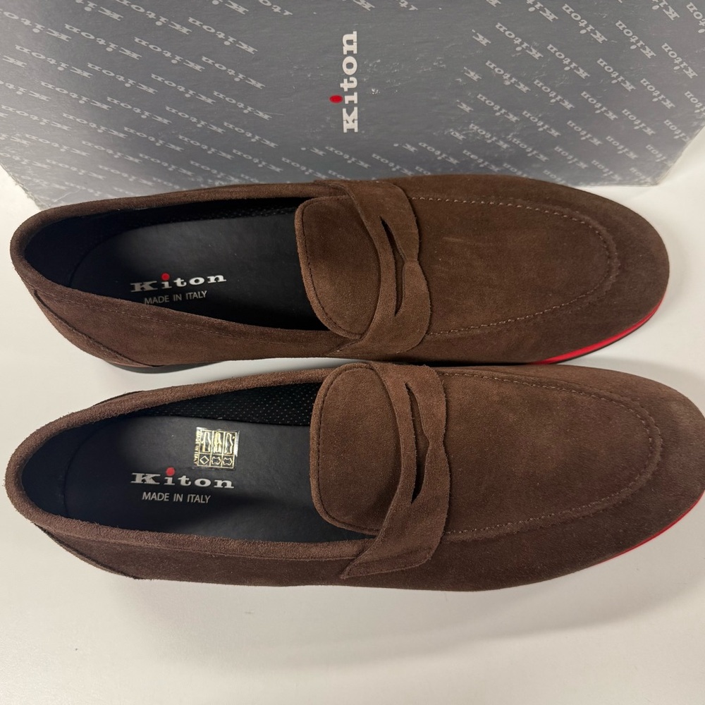 Kiton Stripe Midsole Suede Penny Loafers - Brown